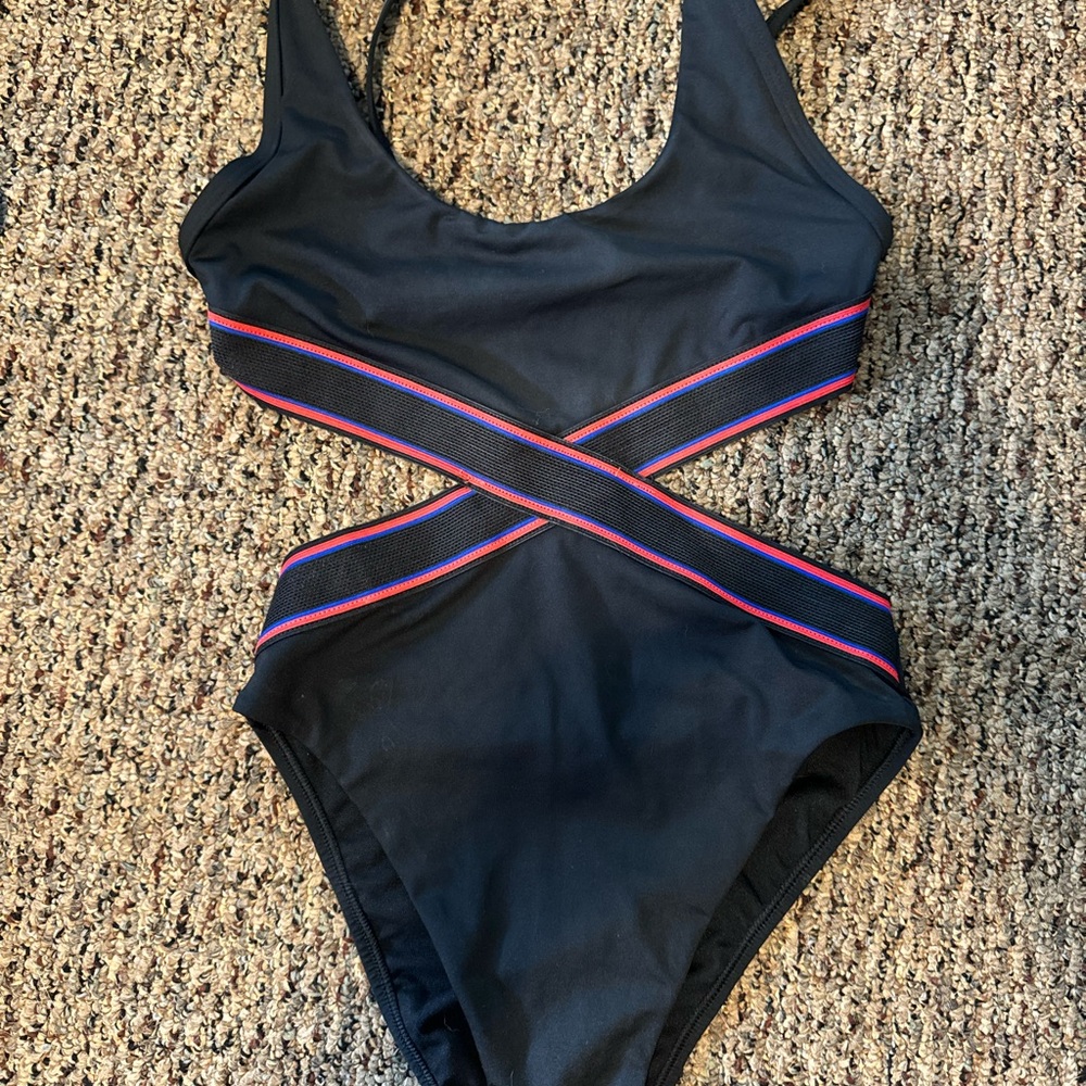Black Swimsuit with Red and Blue Stripes
